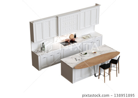 modern kitchen isolated on transparent background, home furniture, 3D illustration, cg render 138951895