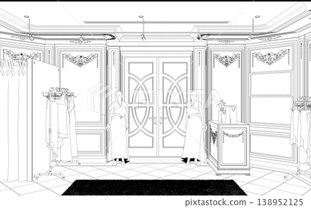 shopping mall, contour visualization, 3D illustration, sketch, outline 138952125