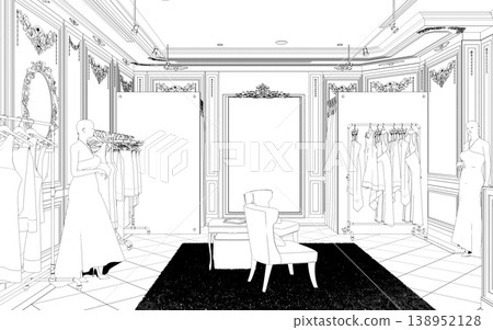 shopping mall, contour visualization, 3D illustration, sketch, outline 138952128