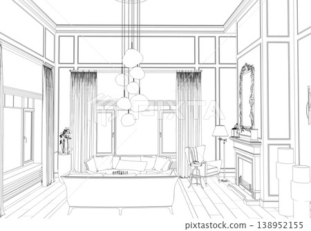 shopping mall, contour visualization, 3D illustration, sketch, outline 138952155