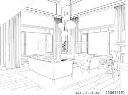 shopping mall, contour visualization, 3D illustration, sketch, outline 138952161