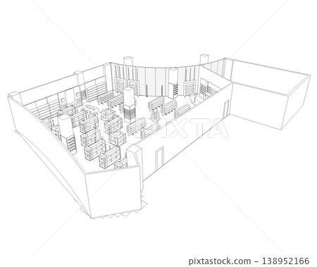 shopping mall, contour visualization, 3D illustration, sketch, outline 138952166