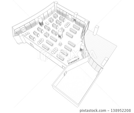 shopping mall, contour visualization, 3D illustration, sketch, outline 138952208