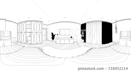 spherical panorama of the interior, contour visualization, 3D illustration, sketch, outline spherical panorama of the interior, contour visualization, 3D illustration, sketch, outline 138952214