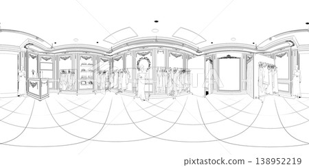 spherical panorama of the interior, contour visualization, 3D illustration, sketch, outline 138952219