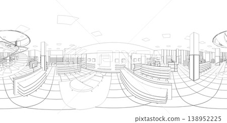 spherical panorama of the interior, contour visualization, 3D illustration, sketch, outline spherical panorama of the interior, contour visualization, 3D illustration, sketch, outline 138952225