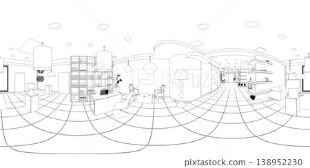 spherical panorama of the interior, contour visualization, 3D illustration, sketch, outline spherical panorama of the interior, contour visualization, 3D illustration, sketch, outline 138952230