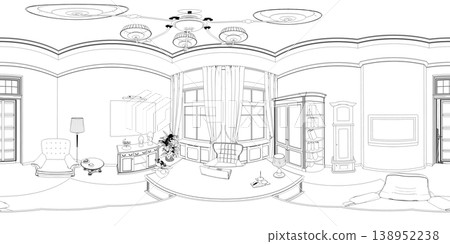 spherical panorama of the interior, contour visualization, 3D illustration, sketch, outline spherical panorama of the interior, contour visualization, 3D illustration, sketch, outline 138952238