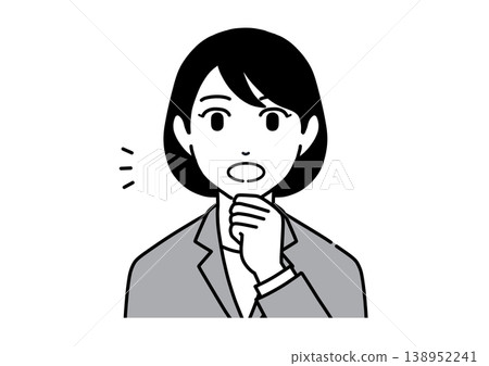 A monochrome illustration of a young woman in a suit with her hand on her chin, reminiscing. A monochrome illustration of a young woman in a suit with her hand on her chin, reminiscing. 138952241