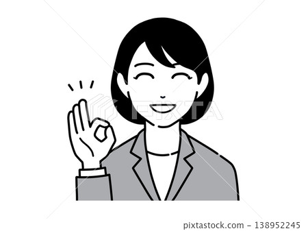 一位身穿西裝的年輕女白領面帶微笑地比出「OK」手勢。 138952245