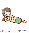 An illustration/chibi character of a middle-aged woman lying down, looking at her smartphone and laughing. 138952258