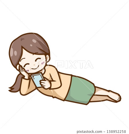 中年女性躺著,看著智慧型手機大笑的Q版人物插畫(放鬆,居家時光,社群媒體)-適合部落格和教育材料。 中年女性躺著,看著智慧型手機大笑的Q版人物插畫(放鬆,居家時光,社群媒體)-適合部落格和教育材料。 138952258