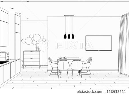 interior contour visualization, 3D illustration, sketch, outline interior contour visualization, 3D illustration, sketch, outline 138952331