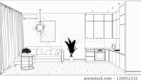 interior contour visualization, 3D illustration, sketch, outline interior contour visualization, 3D illustration, sketch, outline 138952332