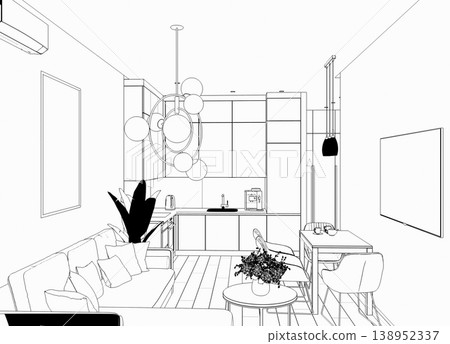 interior contour visualization, 3D illustration, sketch, outline 138952337
