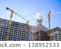 Construction technology banner background. Construction site with cranes, fittings and concrete. 138952533