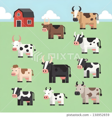 Cute Farm Animals And Red Barn In Green Field 138952659