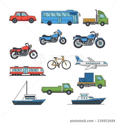 Colorful Assortment of Transport Vehicles Flat Design Icons 138952684