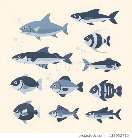 Various Stylized Fish Swimming Underwater Marine Life Collection Various Stylized Fish Swimming Underwater Marine Life Collection 138952713