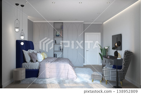 bedroom, interior visualization, 3D illustration 138952809