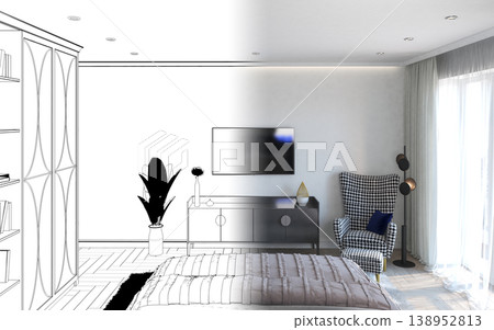 bedroom, interior visualization, 3D illustration 138952813