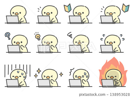 A set of hand-drawn illustrations of a chick working on a laptop. A set of hand-drawn illustrations of a chick working on a laptop. 138953028