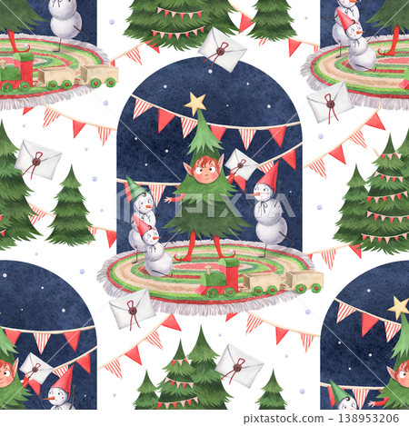 Watercolor pattern with a Christmas elf in a Christmas tree costume and snowmen Watercolor pattern with a Christmas elf in a Christmas tree costume and snowmen 138953206