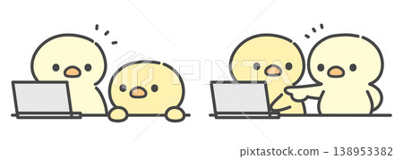 A set of hand-drawn illustrations of a chick giving instructions and advice to another chick working on a laptop. A set of hand-drawn illustrations of a chick giving instructions and advice to another chick working on a laptop. 138953382
