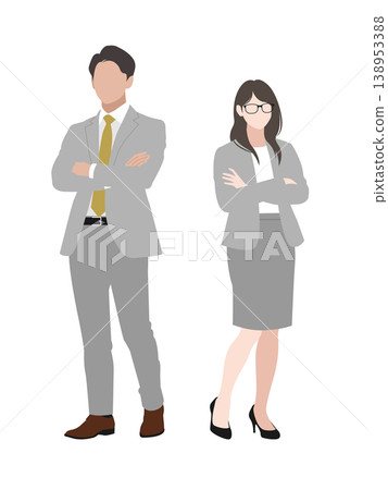 白色背景上,一男一女兩位商務人士穿著西裝,雙手交叉。 白色背景上,一男一女兩位商務人士穿著西裝,雙手交叉。 138953388
