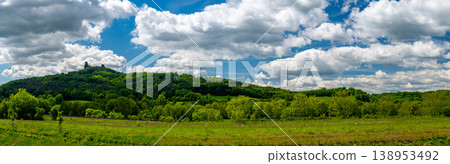 Panoramic view of Cesky Raj landscape in summer with iconic Trosky castle towers rising above green countryside under blue sky with dramatic clouds summer scenic natureview stock 138953492