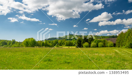 Panoramic view of Cesky Raj landscape in summer with iconic Trosky castle towers rising above green countryside under blue sky with dramatic clouds summer scenic natureview stock Panoramic view of Cesky Raj landscape in summer with iconic Trosky castle towers rising above green countryside under blue sky with dramatic clouds summer scenic natureview stock 138953495