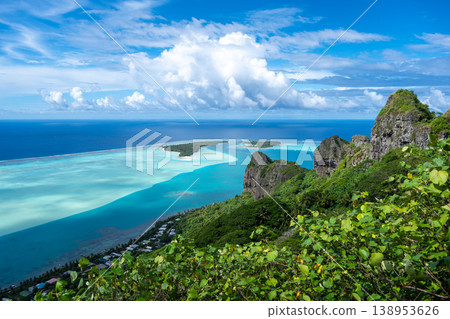 Panoramic view of Maupiti island and lagoon from Mount Teurafaatiu, French Polynesia Panoramic view of Maupiti island and lagoon from Mount Teurafaatiu, French Polynesia 138953626