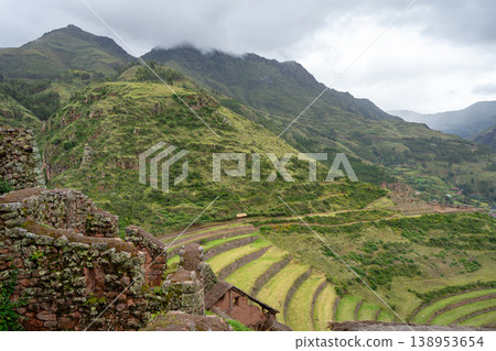 Ancient Inca terraces and ruins at Pisac in the Sacred Valley, Peru 138953654