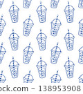Cocktail seamless pattern blue line art doodle summer drink background for textile print 138953908