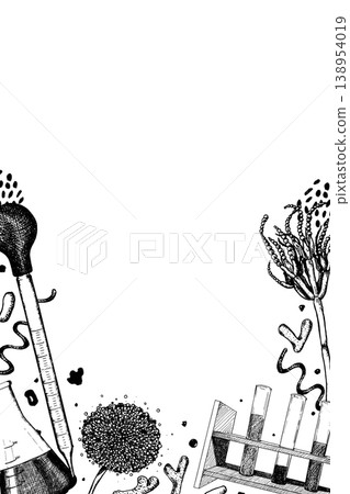 Microbiology frame with laboratory tools and microorganisms. Template for a card, invitation, or poster. Microbiology frame with laboratory tools and microorganisms. Template for a card, invitation, or poster. 138954019