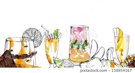 Seamless border of orange citrus, mango and berry smoothie drinks, chocolate and mint accents. Hand drawn ink outline, watercolor brush strokes. Summer beverage, tropical juice menu headers, dividers Seamless border of orange citrus, mango and berry smoothie drinks, chocolate and mint accents. Hand drawn ink outline, watercolor brush strokes. Summer beverage, tropical juice menu headers, dividers 138954167