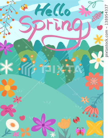 The words "Hello Spring" are adorned with flowers against a background of green trees. The words "Hello Spring" are adorned with flowers against a background of green trees. 138954337