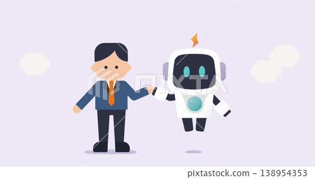 一幅描繪商人與人工智慧機器人合作的扁平化插圖。 138954353