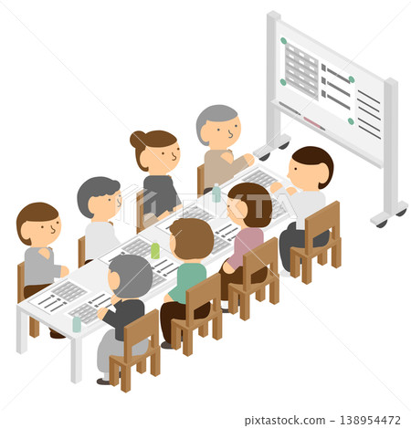 一幅等距插圖，描繪了公寓大樓的全體員工大會或董事會會議。 138954472