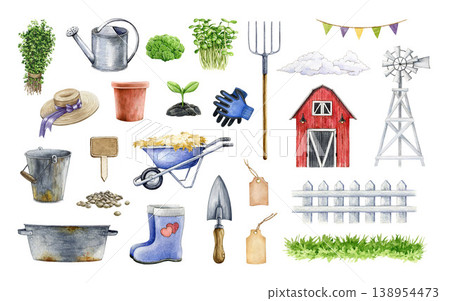 Farm and gardening clipart watercolor illustration set with tools barn plants and decor, countryside mood hand drawn rustic elements for agriculture design, isolated on white background Farm and gardening clipart watercolor illustration set with tools barn plants and decor, countryside mood hand drawn rustic elements for agriculture design, isolated on white background 138954473