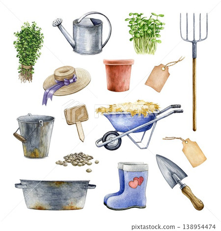 Gardening clipart watercolor illustration set with tools plants and containers, hand drawn garden elements for farming design, spring work, natural isolated on white background 138954474