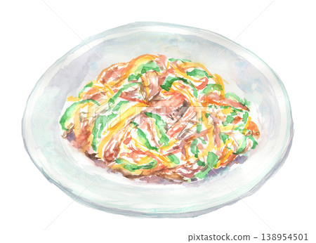 牛肉青椒炒菜水彩插圖 牛肉青椒炒菜水彩插圖 138954501