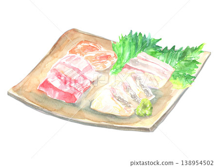Watercolor illustration of a sashimi platter 138954502