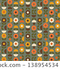 Retro Geometric Floral Seamless Pattern with Daisy Flowers on Olive Green Background 138954534