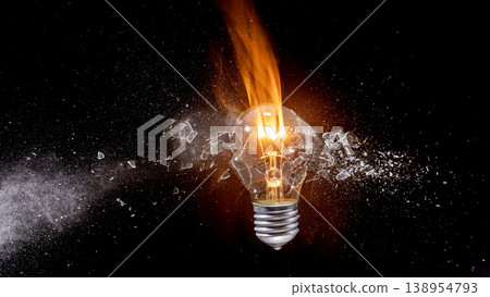 Exploding light bulb bursting in flames Exploding light bulb bursting in flames 138954793