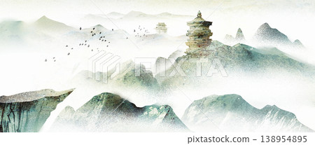 New Chinese and Japanese style landscape architecture illustration with traditional aesthetic art imagery 138954895