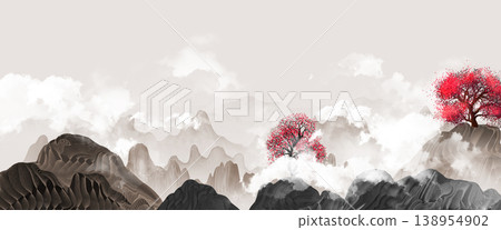 New Chinese and Japanese style landscape architecture illustration with traditional aesthetic art imagery 138954902