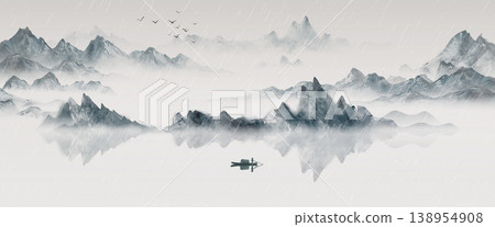 New Chinese and Japanese style landscape architecture illustration with traditional aesthetic art imagery 138954908