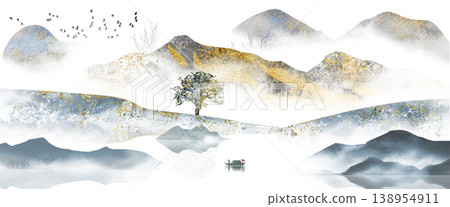 New Chinese and Japanese style landscape architecture illustration with traditional aesthetic art imagery 138954911