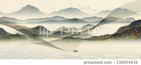 New Chinese and Japanese style landscape architecture illustration with traditional aesthetic art imagery New Chinese and Japanese style landscape architecture illustration with traditional aesthetic art imagery 138954916